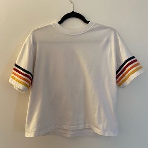 white brandy melville t-shirt w/ rainbow sleeves